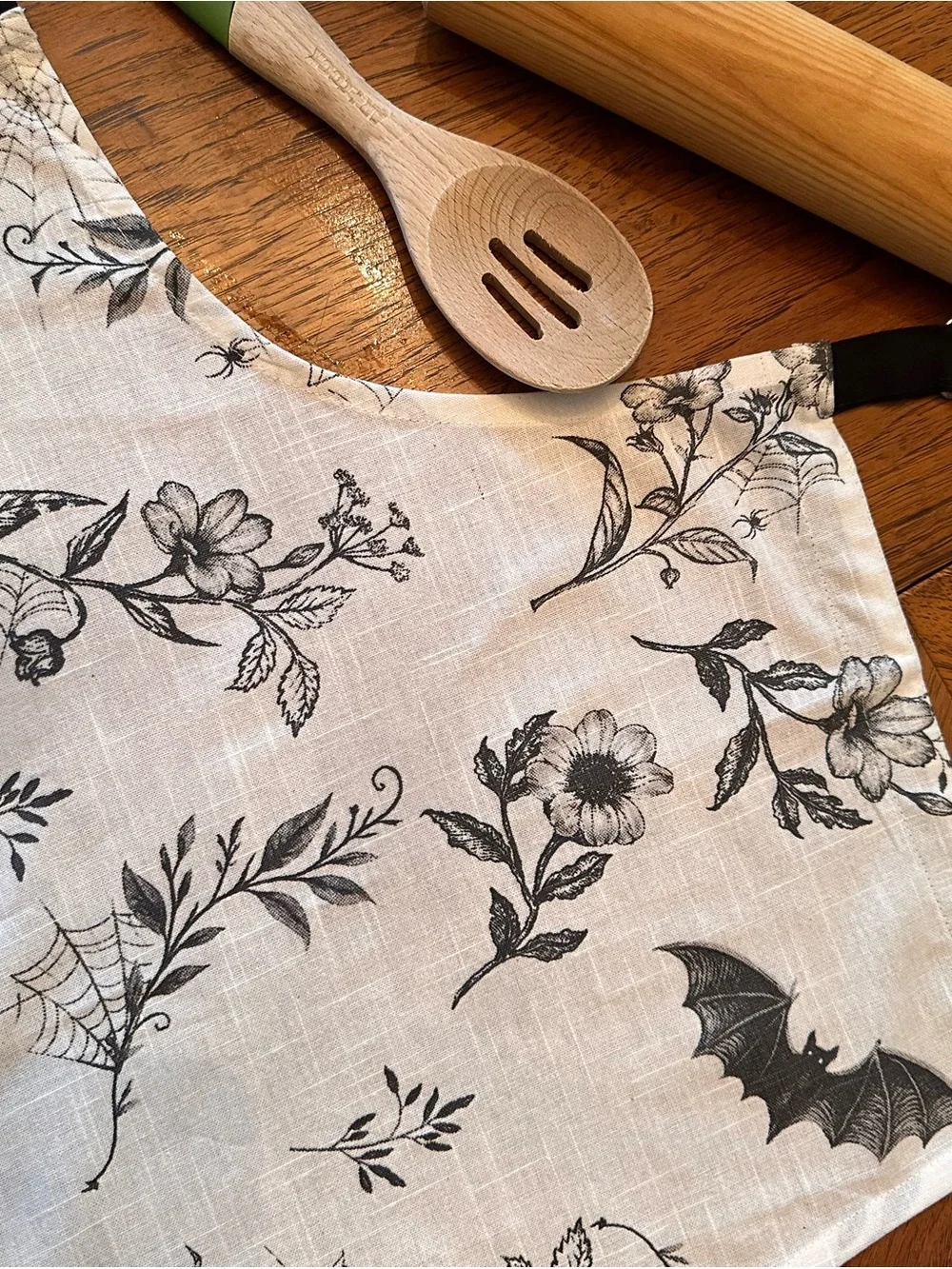 Halloween Spooky Botanical & Bat Apron Cream Black Goth Fall Cooking